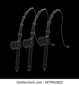 Fishing rod with line sinker and hook. Wireframe low poly mesh vector illustration.