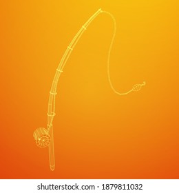 Fishing rod with line sinker and hook. Wireframe low poly mesh vector illustration.