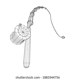 Fishing rod with line sinker and hook. Wireframe low poly mesh vector illustration.