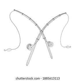 Fishing rod with line sinker and hook. Wireframe low poly mesh vector illustration.