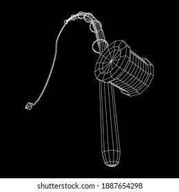 Fishing rod with line sinker and hook. Wireframe low poly mesh vector illustration.