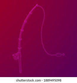 Fishing rod with line sinker and hook. Wireframe low poly mesh vector illustration.
