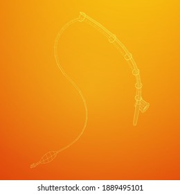 Fishing rod with line sinker and hook. Wireframe low poly mesh vector illustration.