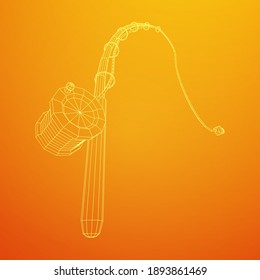 Fishing rod with line sinker and hook. Wireframe low poly mesh vector illustration.