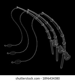 Fishing rod with line sinker and hook. Wireframe low poly mesh vector illustration.