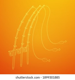 Fishing rod with line sinker and hook. Wireframe low poly mesh vector illustration.