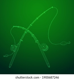 Fishing rod with line sinker and hook. Wireframe low poly mesh vector illustration.