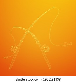 Fishing rod with line sinker and hook. Wireframe low poly mesh vector illustration.