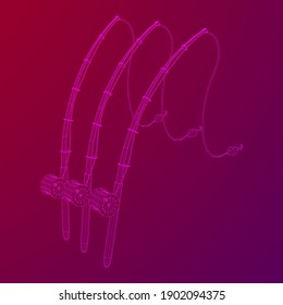 Fishing rod with line sinker and hook. Wireframe low poly mesh vector illustration.