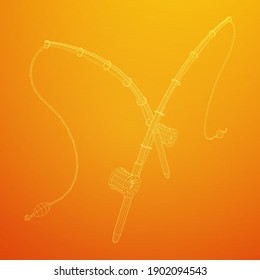 Fishing rod with line sinker and hook. Wireframe low poly mesh vector illustration.