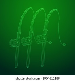 Fishing rod with line sinker and hook. Wireframe low poly mesh vector illustration.