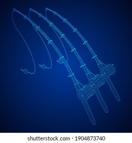 Fishing rod with line sinker and hook. Wireframe low poly mesh vector illustration.