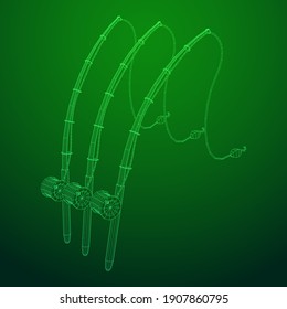 Fishing rod with line sinker and hook. Wireframe low poly mesh vector illustration.