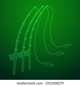 Fishing rod with line sinker and hook. Wireframe low poly mesh vector illustration.