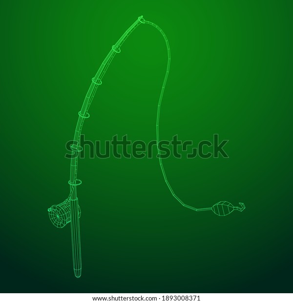 Fishing rod with line sinker and hook.\
Wireframe low poly mesh vector\
illustration.