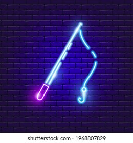 Fishing rod neon icon. Vector illustration for the design of advertising, website, promotion, banner, brochure, flyer. Fishing gear Concept.