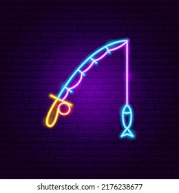 Fishing Rod Neon Sign. Vector Illustration of Fish Promotion.