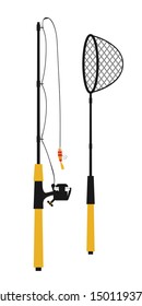 Fishing rod and net flat vector illustration. Angling professional equipment isolated clipart on white background. Fish catching spinner. Outdoor hobby. Fisherman tools cartoon design element