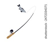 Fishing rod, pole, catching fish with hook and bait. Trophy caught with angle, line equipment, gear. Outdoors activity, recreation, line and lure. Flat vector illustration isolated on white background