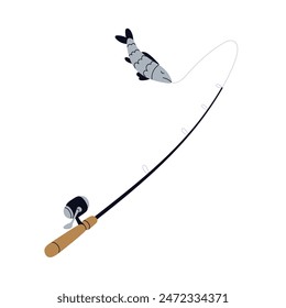 Fishing rod, pole, catching fish with hook and bait. Trophy caught with angle, line equipment, gear. Outdoors activity, recreation, line and lure. Flat vector illustration isolated on white background