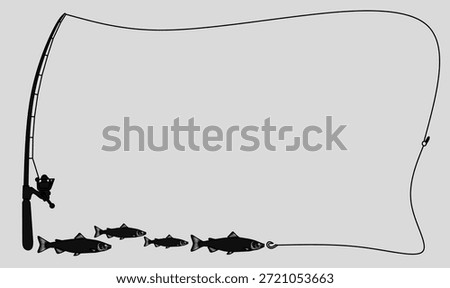 fishing rod or fishing pole and line forming a rectangular frame with fish silhouette and copy space.for fishing, sport, hobby, and outdoor,text,concepts or design.