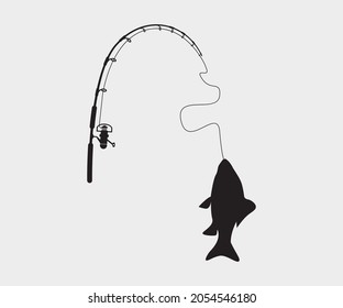 Fishing Rod Printable Vector Illustration. Bass Fish With Rod Club Emblem. Fishing Theme Vector Illustration. Fishing Clipart, Fishing Rod Symbol, Icon	