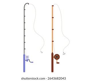 Fishing rod with reel and handle. Wooden fishing pole. Angling equipment. Hand drawn flat vector illustration isolated on white background