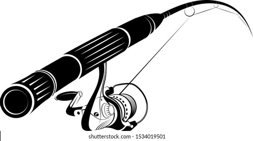 Fishing rod with a reel and fishing line silhouette for hobbies