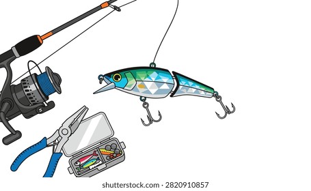 Fishing rod and reel setup displayed with a pair of pliers and a small open tackle box filled with various lures and sinkers.