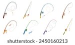 Fishing rod set. Fishing pole collection with reel and handle, hook and bait. Fishers tackle to catch fish in water of lake, sea or river, fisherman equipment for angling cartoon vector illustration