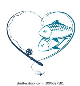 Fishing rod in the shape of heart and fish silhouette