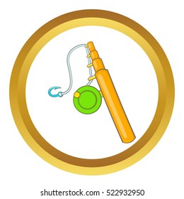 Fishing rod vector icon in golden circle, cartoon style isolated on white background