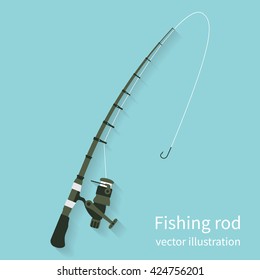 Fishing rod, vector illustration flat design style. Fishing equipment. Rod spinning isolate on background with shadow. Icon rods.