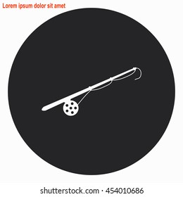 Fishing rod web icon. Gray circle button with white illustration.