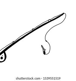 Fishing rod with worm fish bait. Doodle vector illustration isolated on white background. Artwork hand drawn outline. Design print on cup, t shirt, greeting card, postcard, children book.