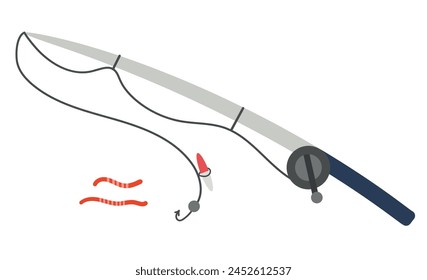 Fishing rod with worms on a transparent background. Vector illustration of fishing items in flat style