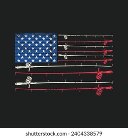 Fishing Rods American flag T Shirt Design. Vintage Fishing T Shirt.