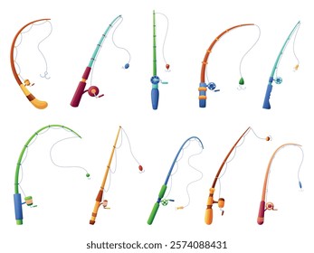 Fishing rods. Cartoon rod with spinning lines, reel, handles. Isolated fisherman tools for fish catching in pond river or sea. Angling equipment nowaday vector set