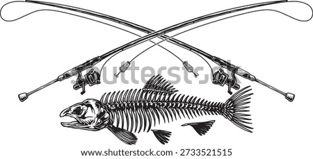 Fishing Rods and Fish Skeleton, Vintage Black and White Vector Illustration