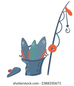 Fishing rods and fresh fish. Happy fishing. Bucket of fish. Vector colorful illustration isolated on white background