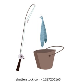 Fishing rods and fresh fishes. Successful fishing. Bucket of fish. Vector colorful illustration isolated on white