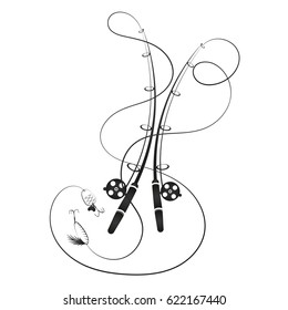 Fishing rods and fishing line with bait silhouette vector