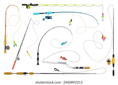 Fishing rods set, angling equipment. Fisherman tackles collection of different poles with reels and baits, fishers gear to catch fish on lure in sea, lake or pond water cartoon vector illustration