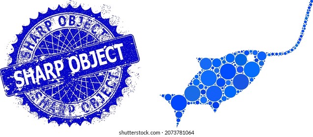 Fishing rope vector collage of small circles in variable sizes and blue color shades, and textured Sharp Object seal. Blue round sharp rosette seal has Sharp Object title inside.