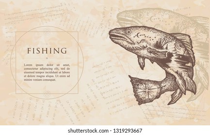 Fishing. Salmon double exposure. Renaissance background. Medieval manuscript, engaving art 