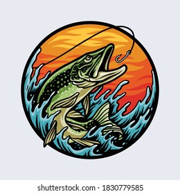 Fishing for salmon with fishing rod Premium Vector