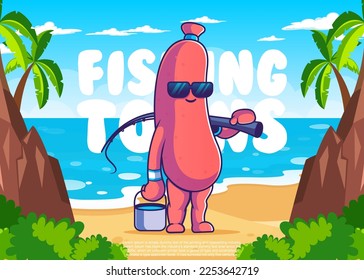 fishing sausage character icon vector illustration, flat cartoon style.