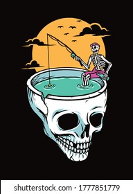 fishing in a scary skull pool vector illustration