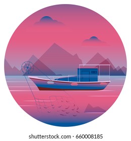 Fishing schooner for fishing at dawn. Vector