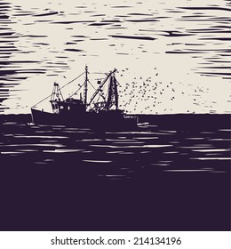 fishing schooner, sea and sea gulls. engraving style. vector illustration